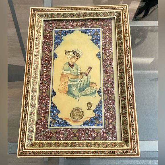 Vintage Persian Handmade Bone Brass Fine Art Natural Dye Small Painting Framed - Picture 3 of 8